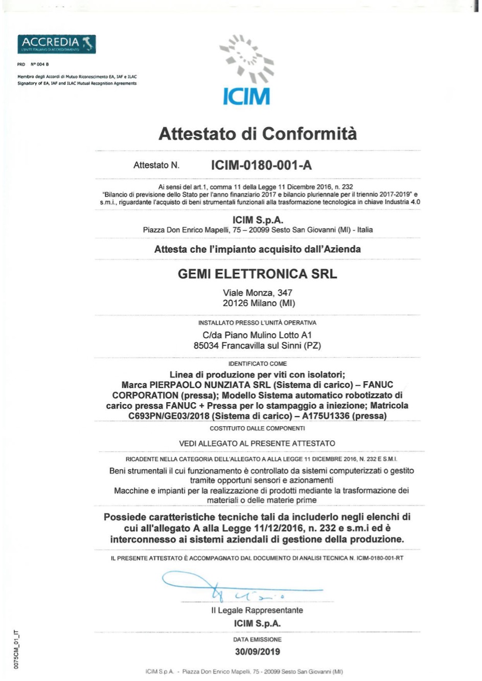 Attestato di conformità ICIM Gemi Elettronica