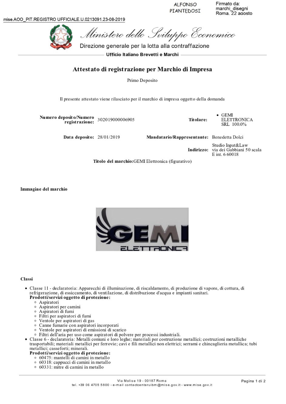 Attestato di registrazione per marchio di impresa Gemi Elettronica