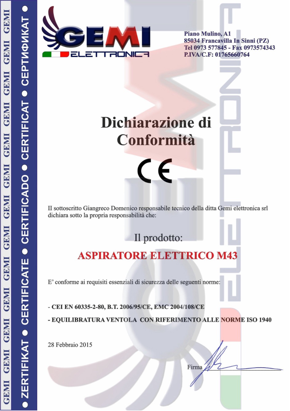 Certificazione CE per gli aspiratori Gemi Elettronica