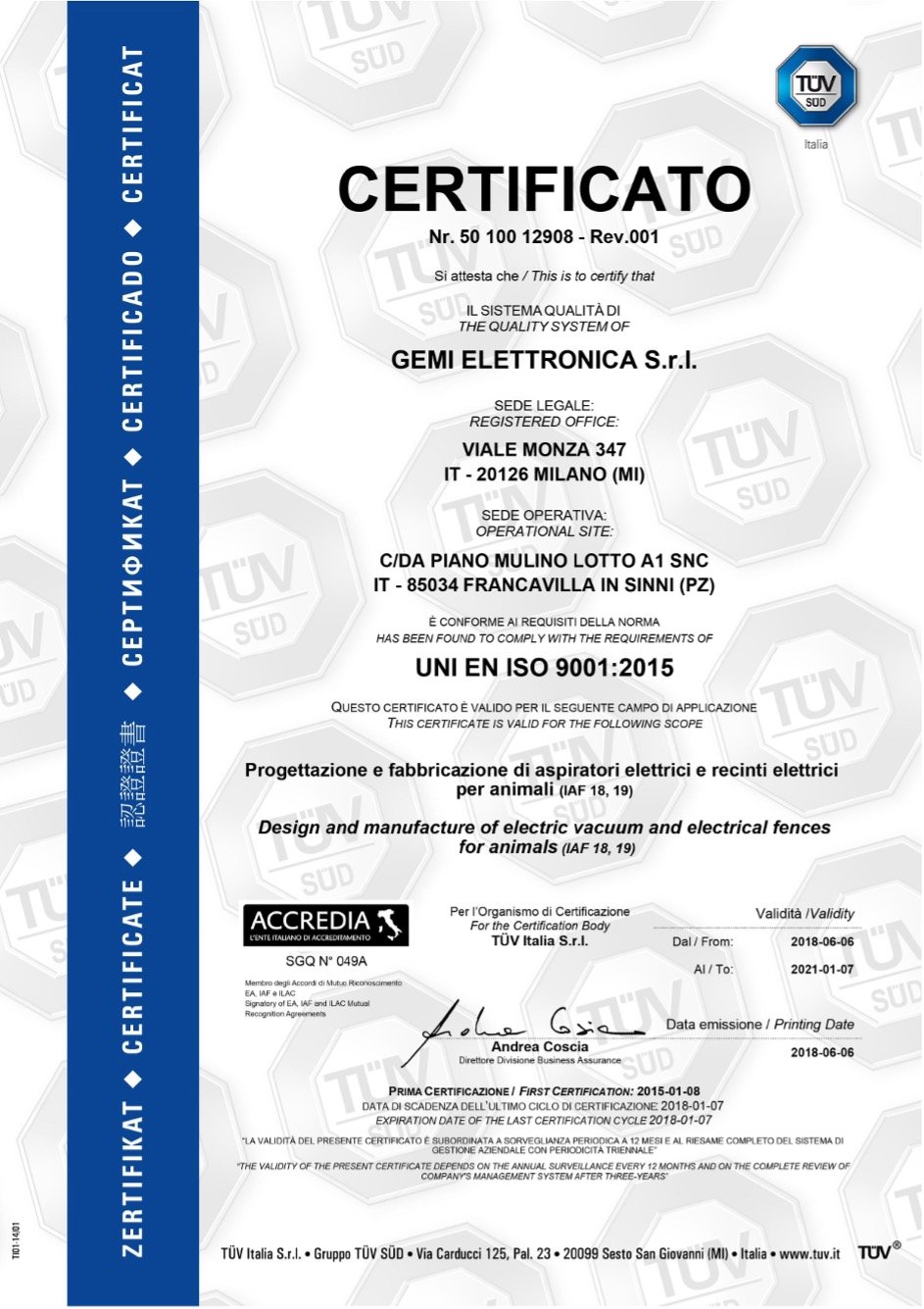 Certificazione TUV per gli aspiratori Gemi Elettronica
