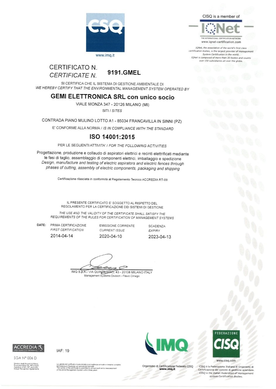 Certificazione CSQ Gemi Elettronica