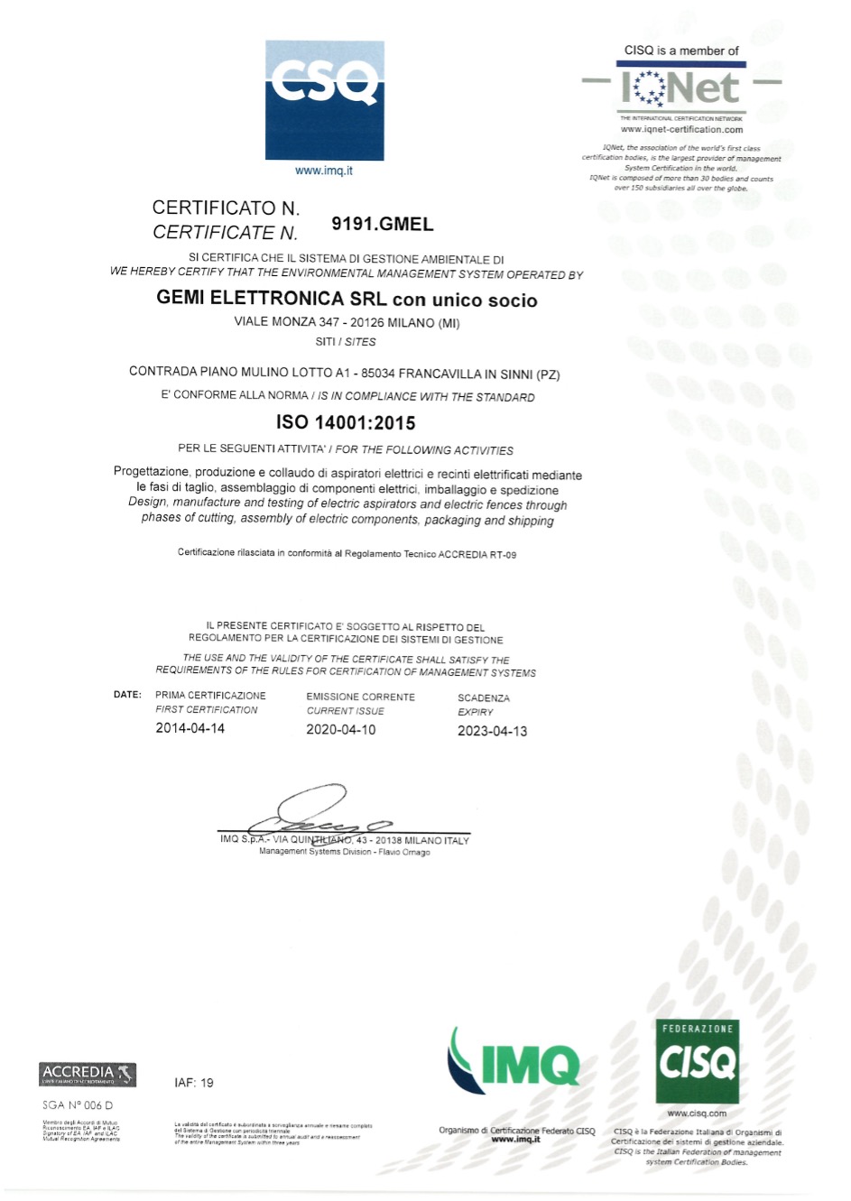 Certificazione CSQ Gemi Elettronica