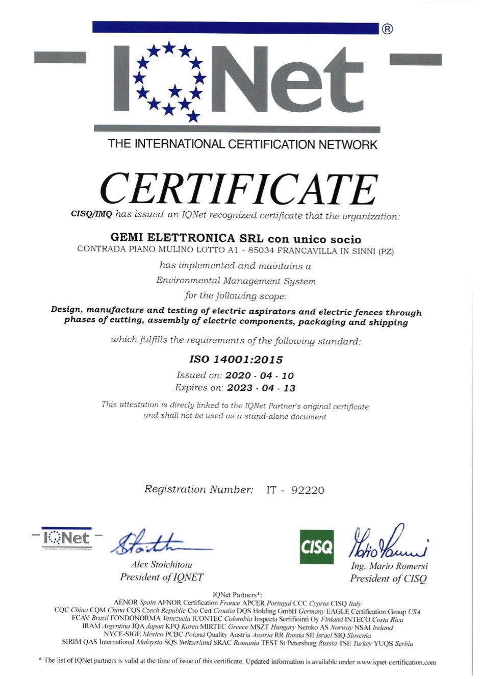 IQNET Certification by Gemi Elettronica